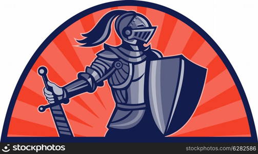 illustration of a Knight with sword and shield facing side with sunburst in background done in retro style. Knight with sword and shield facing side