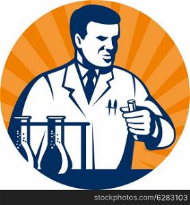 illustration of a laboratory scientist or research and development technician holding a vial or test set inside a circle.. Scientist with laboratory apparatus test tube