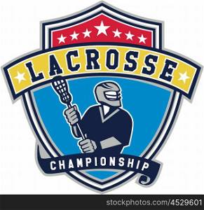 Illustration of a lacrosse player holding a crosse or lacrosse stick looking to the side viewed from front set inside shield crest with ribbon with the words text Lacrosse Championship. . Lacrosse Player Ribbon Shield Retro