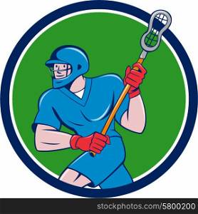 Illustration of a lacrosse player holding a crosse or lacrosse stick running viewed side from set inside circle on isolated background done in cartoon style.. Lacrosse Player Crosse Stick Running Circle Cartoon