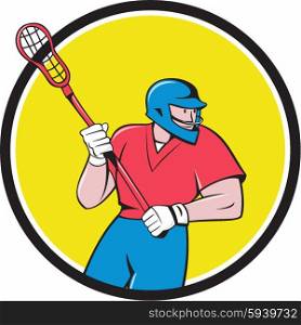 Illustration of a lacrosse player holding a crosse or lacrosse stick running looking to the side viewed from front set inside circle on isolated background done in cartoon style.. Lacrosse Player Crosse Stick Running Circle Cartoon