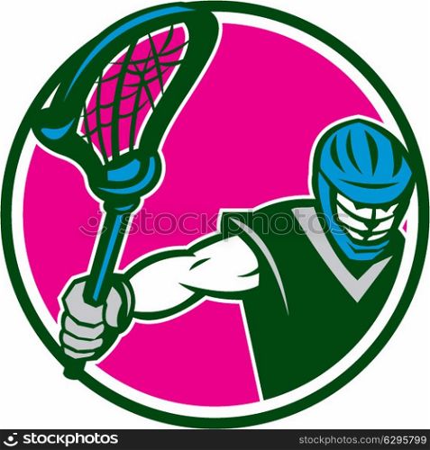 Illustration of a lacrosse player holding a crosse or lacrosse stick viewed from front set inside circle on isolated background done in retro style.. Lacrosse Player Crosse Stick Circle Retro