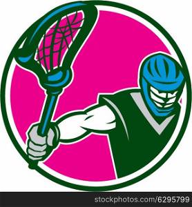 Illustration of a lacrosse player holding a crosse or lacrosse stick viewed from front set inside circle on isolated background done in retro style.. Lacrosse Player Crosse Stick Circle Retro