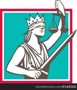 Illustration of a lady justice with crown and blindfold holding sword and raising scales set inside square shape done in retro style. . Lady Justice Raising Scales Sword Square Retro