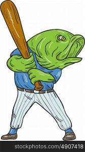 Illustration of a largemouth bass baseball player holding bat batting looking to the side viewed from front set on isolated white background done in cartoon style. . Largemouth Bass Baseball Player Batting Cartoon