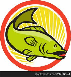 Illustration of a largemouth bass fish jumping done in cartoon style on isolated white background set inside circle. Largemouth Bass Jumping Cartoon Circle