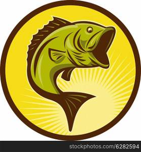 illustration of a Largemouth Bass fish jumping done in retro woodcut style. Largemouth Bass fish jumping