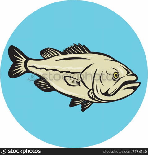 Illustration of a largemouth bass fish viewed from side set inside circle done in cartoon style on isolated background.. Largemouth Bass Fish Side Circle Cartoon