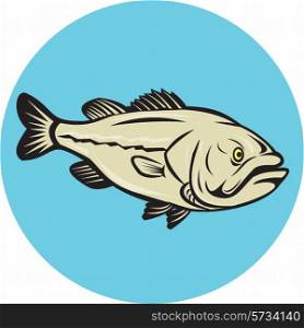 Illustration of a largemouth bass fish viewed from side set inside circle done in cartoon style on isolated background.. Largemouth Bass Fish Side Circle Cartoon