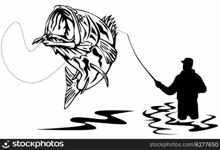 illustration of a largemouth bass jumping being hook by fisherman done in retro style. largemouth bass jumping