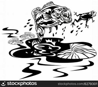 illustration of a largemouth bass jumping catching frog done in retro style. largemouth bass jumping catching frog