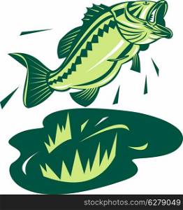 illustration of a largemouth bass jumping done in retro style. largemouth bass jumping