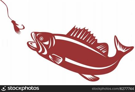 illustration of a largemouth bass jumping for bait hook done in retro style. largemouth bass jumping