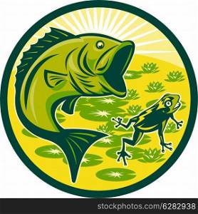 illustration of a largemouth bass jumping with frog and lily pads and sunburst in background set inside a circle done in retro woodcut . largemouth bass jumping with frog