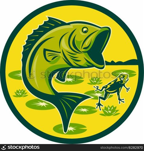 illustration of a largemouth bass jumping with frog and lily pads set inside a circle done in retro woodcut . largemouth bass jumping with frog
