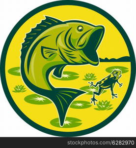 illustration of a largemouth bass jumping with frog and lily pads set inside a circle done in retro woodcut . largemouth bass jumping with frog