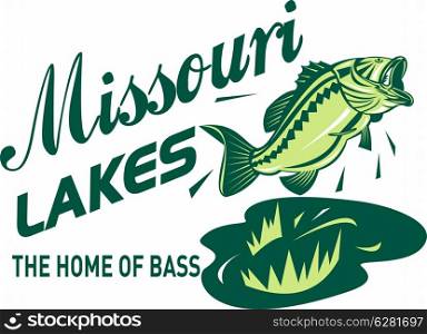 "illustration of a largemouth bass jumping with words "missouri lakes home of bass""