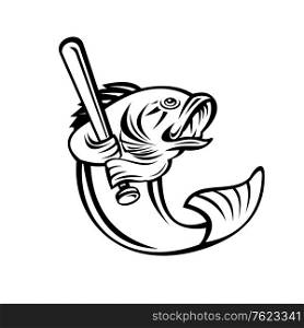 Illustration of a largemouth bass, species of black bass and a carnivorous freshwater gamefish, as baseball player batting with bat on isolated background done in retro black and white style.. Largemouth Bass Baseball Player Batting Black and White Retro