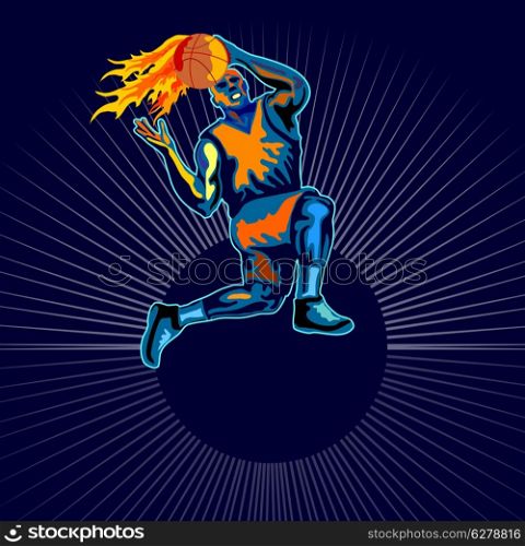 Illustration of a leaping basketball player catching a ball on fire done in retro style.