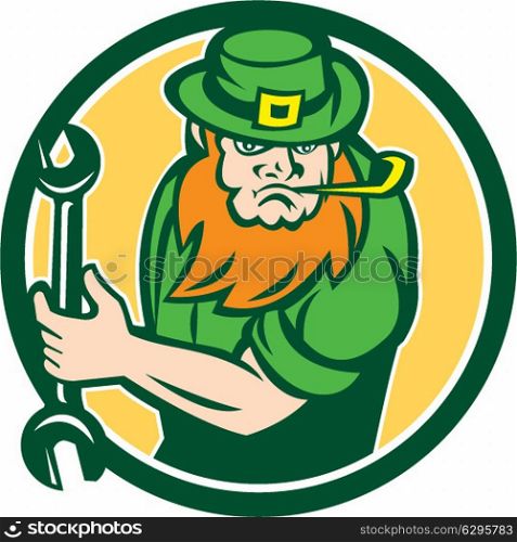 Illustration of a leprechaun mechanic holding spanner wrench facing front set inside circle on isolated background done in retro style. . Leprechaun Mechanic Spanner Circle Retro