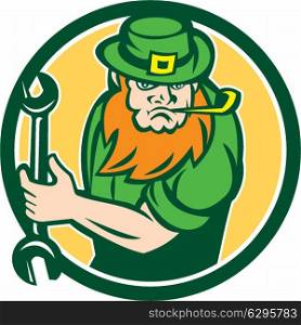 Illustration of a leprechaun mechanic holding spanner wrench facing front set inside circle on isolated background done in retro style. . Leprechaun Mechanic Spanner Circle Retro