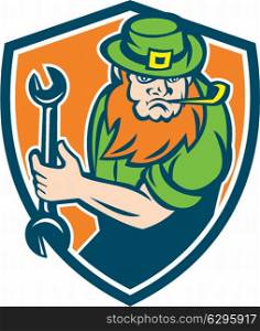 Illustration of a leprechaun mechanic holding spanner wrench facing front set inside shield crest on isolated background done in retro style. . Leprechaun Mechanic Spanner Shield Retro