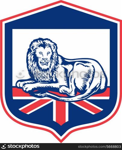 Illustration of a lion lying viewed from the front set inside shield crest with british flag in the background done in retro style. . Lion Lying British Flag Shield Retro