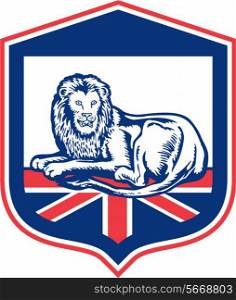 Illustration of a lion lying viewed from the front set inside shield crest with british flag in the background done in retro style. . Lion Lying British Flag Shield Retro