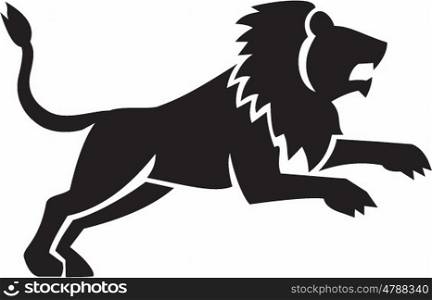 Illustration of a lion silhouette jumping viewed from the side set on isolated white background done in retro style. . Lion Jumping Silhouette Side Retro
