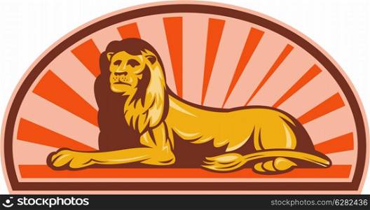 illustration of a Lion sitting with sunburst in background. Lion sitting with sunburst in background