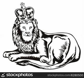 Illustration of a lion with a crown sitting lying isolated on white background done in retro style.. Lion Big Cat with Crown