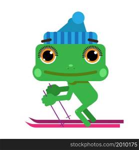 Illustration of a Little Green Frog on the Ski on White Background