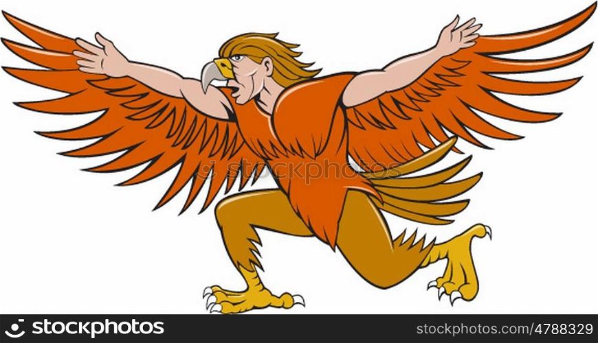 Illustration of a Lleu or Lleu Llaw Gyffes, half man half eagle spreading wings viewed from the side on isolated white background done in cartoon style.