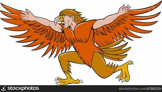 Illustration of a Lleu or Lleu Llaw Gyffes, half man half eagle spreading wings viewed from the side on isolated white background done in cartoon style.