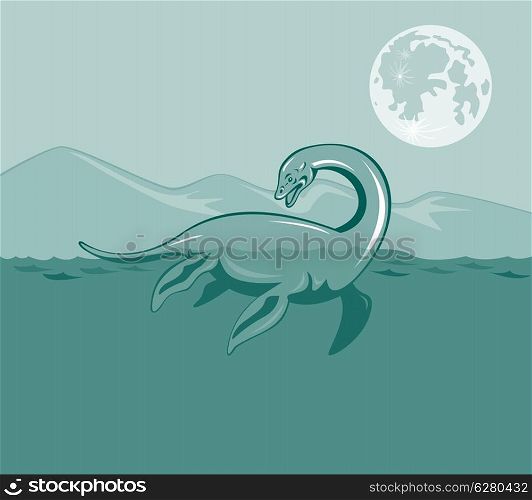 Illustration of a loch ness monster done in retro style.