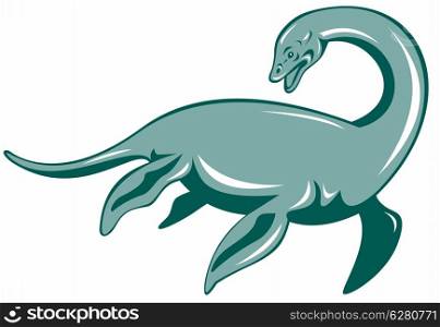 Illustration of a loch ness monster done in retro style.