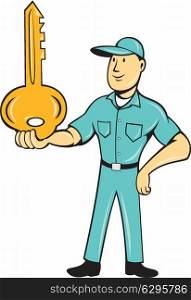Illustration of a locksmith standing balancing key on palm hand on isolated white background done in cartoon style. . Locksmith Balancing Key Palm Cartoon