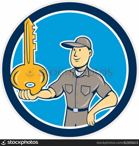 Illustration of a locksmith standing balancing key on palm hand set inside circle on isolated background done in cartoon style. . Locksmith Balancing Key Palm Circle Cartoon