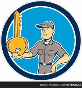 Illustration of a locksmith standing balancing key on palm hand set inside circle on isolated background done in cartoon style. . Locksmith Balancing Key Palm Circle Cartoon