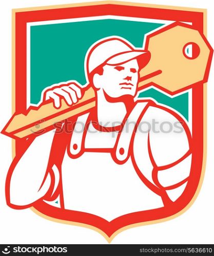Illustration of a locksmith standing looking to the side carrying key on shoulder set inside shield crest on isolated background done in retro style. Locksmith Carry Key Shield Retro