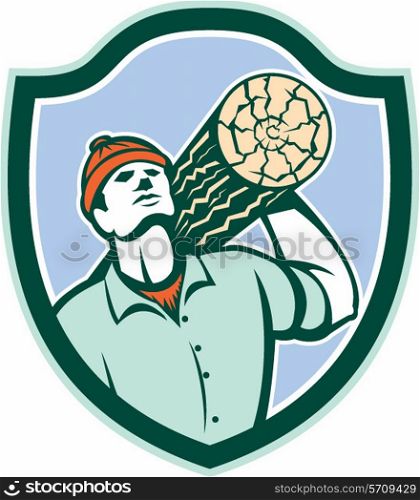 Illustration of a logger forester carrying a log of wood on shoulder looking up set inside shield crest on isolated background done in retro style.. Logger Forester Carry Log Shield Retro