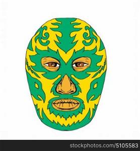 Illustration of a Luchador Mask with fiery flames and fire viewed from front done in Drawing hand-sketched style on isolated background. Luchador Mask Flame Fire Bolt Drawing