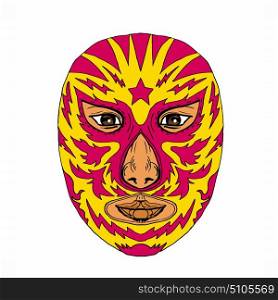 Illustration of a Luchador Mask with Star and Lightning Bolt viewed from front done in Drawing hand-sketched style on isolated background. Luchador Mask Star Lightning Bolt Drawing