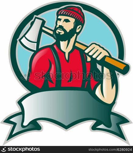 Illustration of a lumber jack forester logger carrying an ax looking up with scroll done in retro style.. Lumberjack Forester With Axe