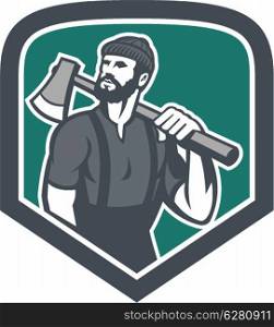 Illustration of a lumberjack sawyer forest holding an axe on shoulder looking up to side set inside shield crest shape done in retro style.