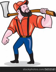 Illustration of a lumberjack sawyer forester standing holding an axe on shoulder looking up to side on isolated white background done in cartoon style. . LumberJack Holding Axe Cartoon