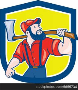 Illustration of a lumberjack sawyer forester standing holding an axe on shoulder looking up to side set inside shield crest on isolated background done in cartoon style. . LumberJack Holding Axe Shield Cartoon