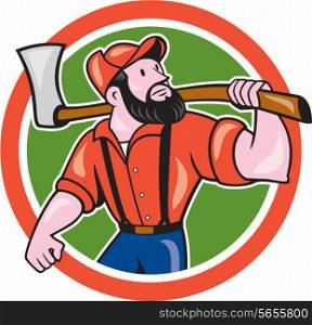 Illustration of a lumberjack sawyer forester standing holding an axe on shoulder looking up to side set inside circle on isolated background done in cartoon style. . LumberJack Holding Axe Circle Cartoon