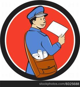 Illustration of a mailman postman delivering a letter looking to the side viewed from rear set inside circle on isolated background done in cartoon style. . Mailman Deliver Letter Circle Cartoon