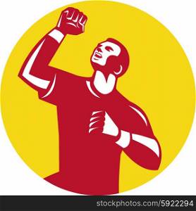 Illustration of a male athlete doing a fist pump looking up viewed from low angle set inside circle done in retro style. . Athlete Fist Pump Circle Retro